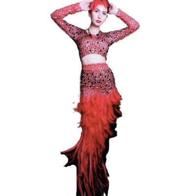 China Breathable Fashion Red Rhinestone Feathers High Split Dress Club Prom Dress Even Long Skirts Girl Stage Dance Stage Costume Women Top for sale