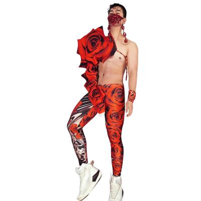 China Sets Fashion Red Rose Flower Sleeves + Pants Men Nightclub Party Stage Suits Festival Clothes Male Pole Dance Performance Wear for sale