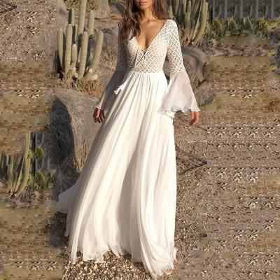 China Hollow V Style Elegant Deep V Anti-Static Lace Girls' White Evening Dresses for sale