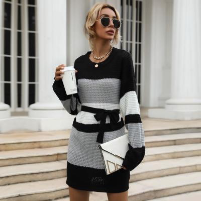 China Fashion Casual Striped Antistatic Long Sleeve Knitted Sweater Women Dress Ladies for sale