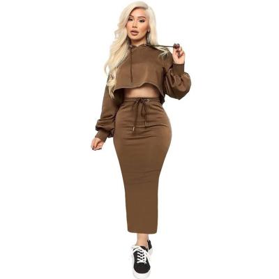 China Manufacturer Direct Selling American Anti-Wrinkle Style Casual Solid Long Sleeves Two Piece Crop Hoodie and Maxi Dress Set for sale