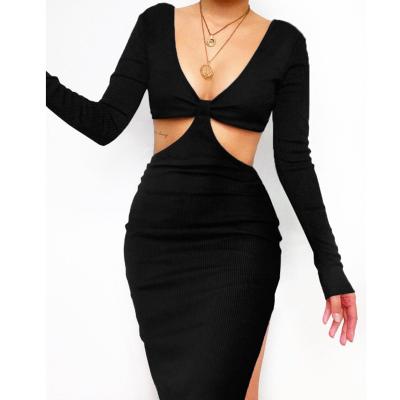 China Modern Elegant Breathable V-Neckline Long Sleeve Outfit Ribbed Maxi Dress Women for sale