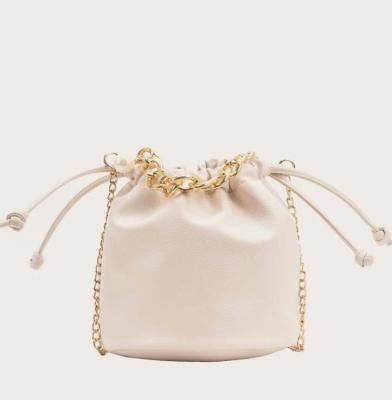 China Vintage Drawstring Chain Bucket Bag , Fashionable String White Gold Color Metal Women Bag for sale