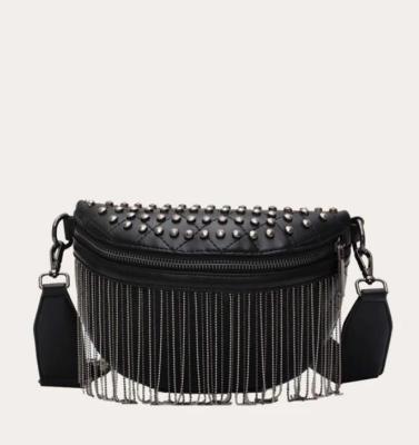 China Fashion Black Leather PU Waist Bag Bum Bag Women Fanny Pack Chain Elegant Fashion Waist Bag Fringe Fanny Pack Studs And Chains Decor for sale