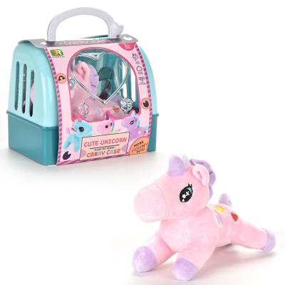 China Role Playing Toy Pet Playing Set Plush Toy In Carrier Unicorn Toy With 7pcs Accessories For Girls for sale