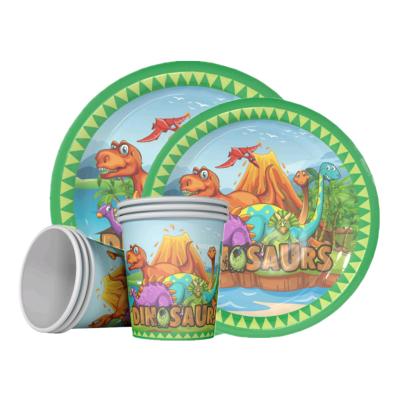 China 7 Inch Paper Dish Cartoon Green Dinosaur Animal Oriented Disposable Tableware 9 Inch Dish Paper Cup Party Set Birthday Party Tableware for sale