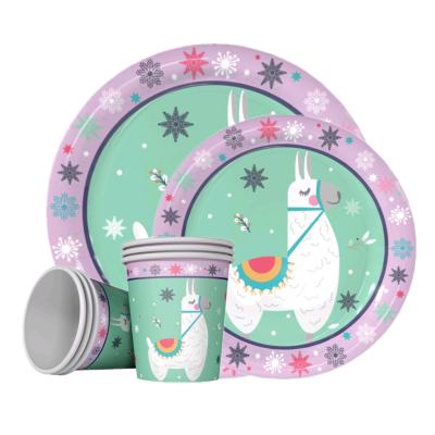 China Birthday Party Cartoon Animal Alpaca Party Themed Disposable Tableware 7 Inch Dish 9 Inch Dish Paper Cup Party Set Children's Birthday Party for sale