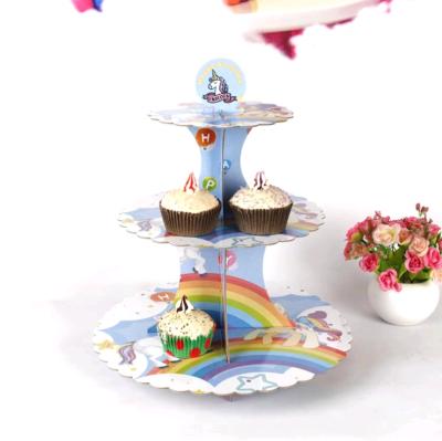 China Birthday party three layer cake unicorn decoration stand dessert table display rack cake paper decoration kids stand for sale