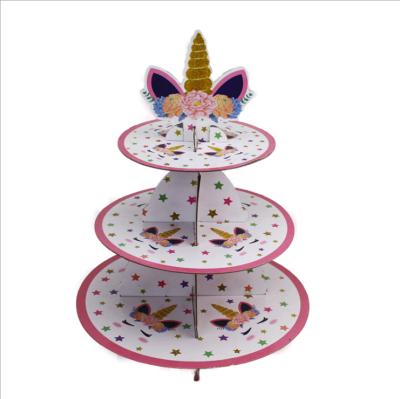 China Unicorn Paper Cake Stand Party Birthday Dress Up Cake Topper Three Layers Discs Show Dessert Stand for sale