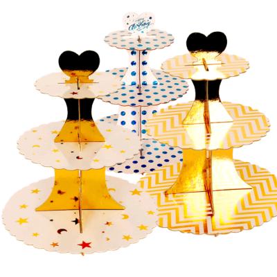 China Cake Decor Accessory New Laser Three Layer Paper Cake Stand Children Wedding Party Birthday Dress Rich Gold Cake Stand for sale