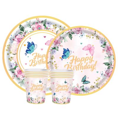 China Spring Disposable Tableware Stain Butterfly Flower Party Paper Cup Paper Plate Napkin Napkin Combination Birthday Decoration for sale