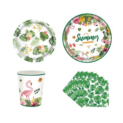 China Decorative Napkin Palm Leaf Party Paper Cup Tableware Hawaii Flamingo Paper Plate Dinnerware Set for sale