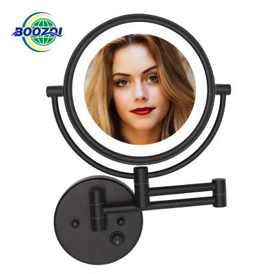 China 360 Rotation Swing Double Arm Round Black Makeup Mirror 8X Magnifying Side Magnify Wall Mounted Bathroom Mirror With LED Light for sale