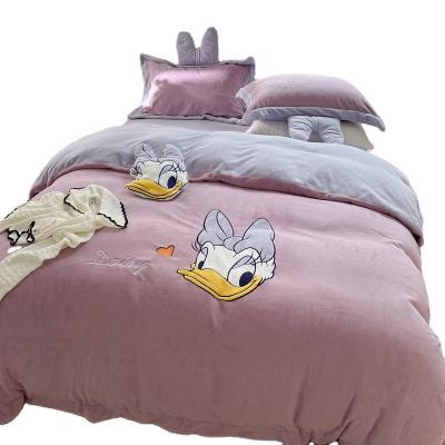 China Nondisposable Ready Sets Duck Flannel Bed Linen Milk Pink Fleece and Lovely Cartoon Applique Embroidery Comforter Cover Set for sale