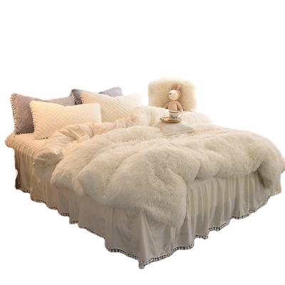 China Nondisposable Fluffy Duvet Set Plush Mink Cashmere Pompoms Lace Edge Cream White Bedding Set 100% Polyester for sale