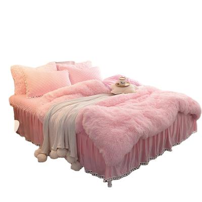 China Nondisposable Fluffy Duvet Set Warm Winter Fleece Bedding Set Pink100% Polyester for sale