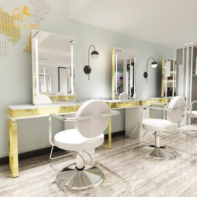 China Modern Barber Mirror Frame Vanity Hair Salon Mirrors Gold Styling Station for sale