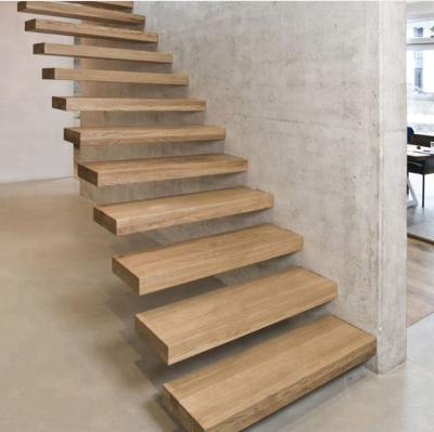 China 50mm modern solid oak wood indoor thick solid steps floating stairs with glass balustrade DIY lowes price for sale