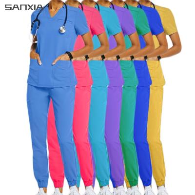 China Four Way Hospital Uniforms V Neck Stretch Medical Nursing Scrub Sets Short Sleeve Tops Jogger Pants Uniform for sale