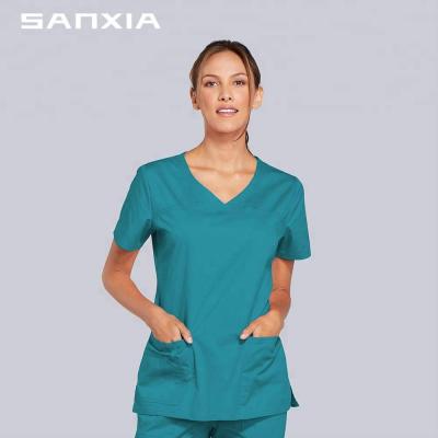 China Anti-wrinkle women scrubs sets +flares v-neck top with drawstring for sale