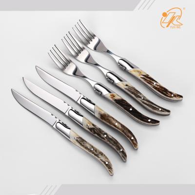 China Sustainable Handmade Natural Laguiole Antler Handle Cutlery Knives And Fork for sale