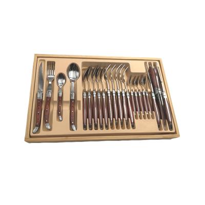 China Viable Stainless Steel Flatware Set 24pcs High Quality Wooden Handle Cutlery Set With Fork Spoon And Knife for sale