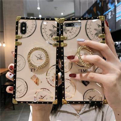 China Light Luxury Plating Acrylic Clock Watch Pattern TPU Square Phone Case For iPhone 13 11 12 Pro 12 Max Mini Xs X 7 8 Se 2020 Back Cover for sale