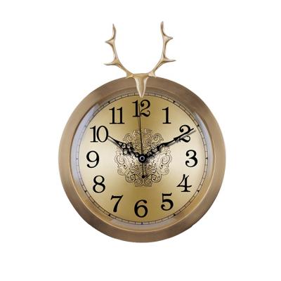 China Antique Style Antique Brass Wall Clock For Living Room Decoration Antlers Clock European Vintage Hanging Clock for sale