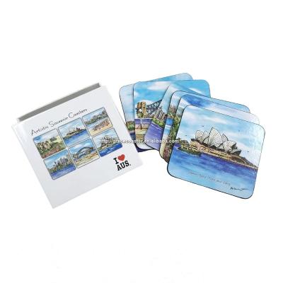 China Viable hot selling wooden coaster souvenir coaster set promotion paper coaster set with paper box color box for sale