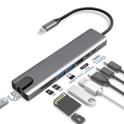 China 2021 High Quality Most Popular Type C Multimedia Hub 8 in 1 Dual USB C Hub Aluminum 8-in-1 Hub for sale