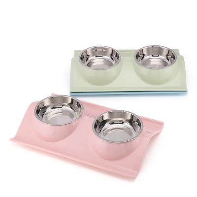 China Double Dog Bowl Pet Feeding Pot S.S Double Bowls With Sustainable Cat Stainless Steel Food Water Container Plastic Base For Pet Supplies for sale