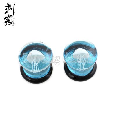 China FASHIONABLE Jellyfish Rocket Double Floating Glass Plugs Blue Bottom Body Jewelry for sale