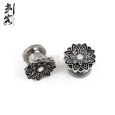 China Opal Jewelry Centered Antique Silver Plated Lotus Flower Top Body Piercing Double Flared 316L Tunnels TRENDY for sale