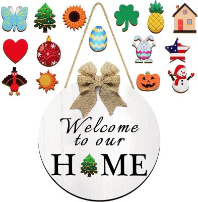 China Europe Door Sign Front Door Decor Rustic Wood Interchangeable Seasonal Welcome Home To Our Home Sign Hanging Porch Decoration for sale