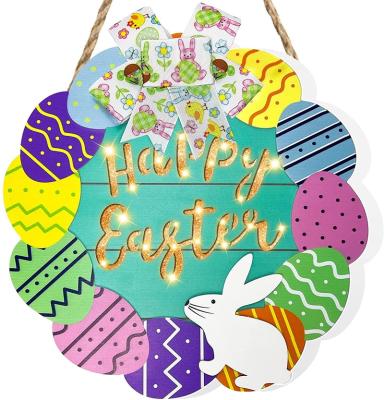 China Europe Lit Happy Wreath Front Door Decorations Easter Eggs Bunny Rabbit Spring Wreath Battery Operated Easter Door Sign for sale