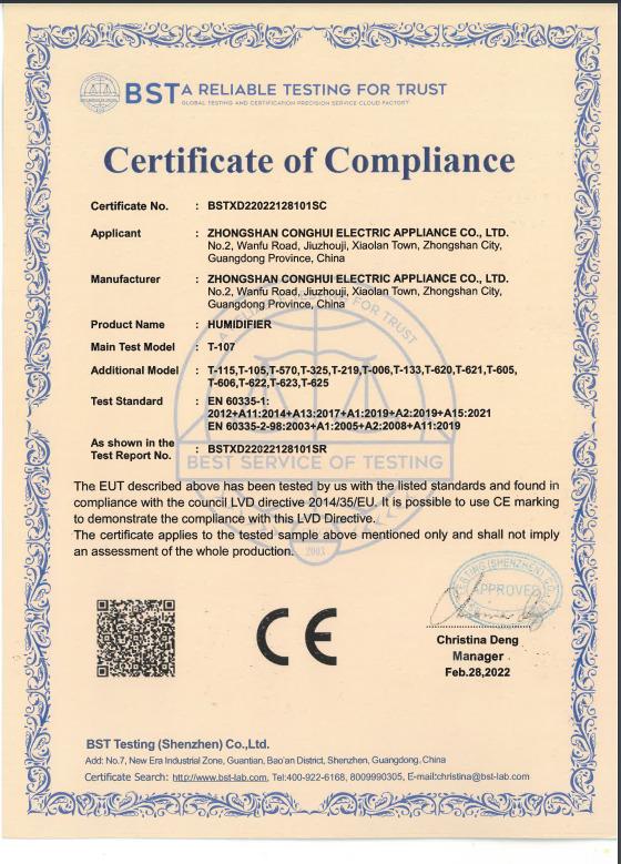 CE - Zhongshan Conghui Electric Appliance Co., Ltd.