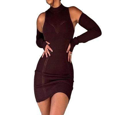 China Sustainable Knitted women's autumn dress sexy perspective tight round neck stitching long-sleeved hip skirt for sale