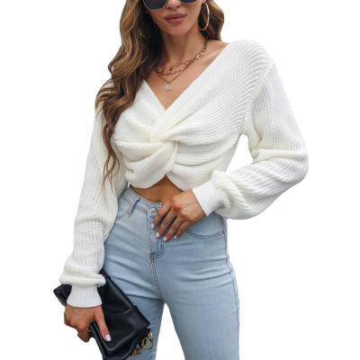 China Anti-wrinkle women's fashion V-neck lantern sleeve sweater women's cropped sweater for sale