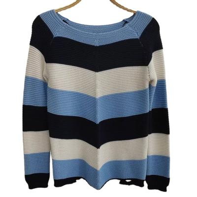 China New Winter Anti-wrinkle Fashion Round Neck Loose Long Sleeve Pullover Blue White Striped Sweater for sale