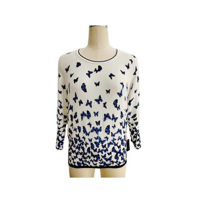 China OEM&ODM Custom Printed Anti-Wrinkle Sweater Summer Autumn Blue And White Long Sleeve Women Pullover Crewneck Sweater Women for sale