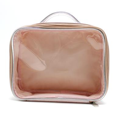 China Fashion Personalized Custom Made Luxury Crocodile Color Clear Cosmetic Bag PU Leather Pink Transparent Makeup Bag for sale