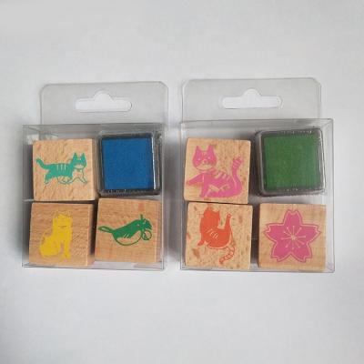 China Creative Cute Wooden Seal Toy Children's Toy Cute Cartoon Cat DIY Wooden Stamp Set for sale