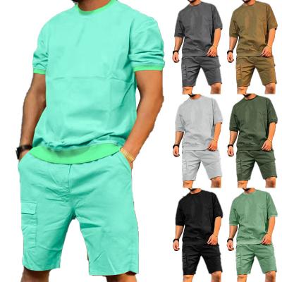 China 2022 Customs Breathable Logo T-shirt Shorts Set Cargo Summer Shorts Set For Men Big Pocket 2 Pieces Mens Sets for sale