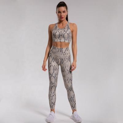 China Sexy Anti-Static Women Gym Clothes Snakeskin Yoga Set Sports Bra And Tights High Waist Yoga Pants Custom Made Fitness Clothing for sale