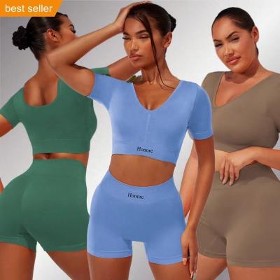 China Breathable Plus Size Yoga V Neck Running Set Crop Top Short Sleeve Crop Top With Butt Rise Tight Shorts Fitness Sports Use Suit Exercise Equipments for sale