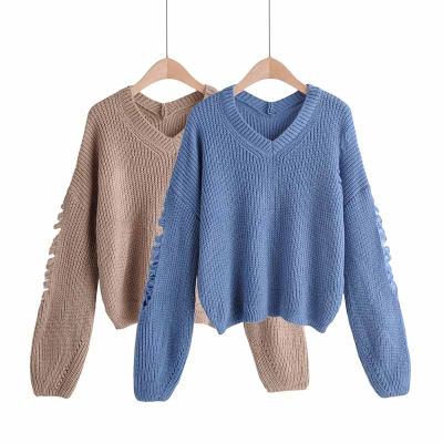 China 2020 Brown Aesthetic Ladies Women's Winter Anti-pilling Sweater Tops With Rips for sale