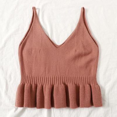 China Anti-wrinkle Dusty Pink Ruffle Hem Spaghetti Spring Tie Up Simple Women's Sweater Vest for sale