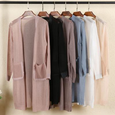 China Anti-wrinkle factory wholesale summer canvas thin loose mid length pocket knitted jacket women cardigan sweater for sale