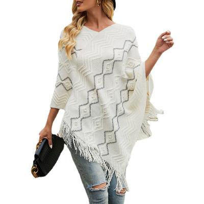 China Anti-wrinkle autumn style new knit thick cardigan ladies Half V-neck jacquard sheath tassels Poncho Sweater For Women for sale