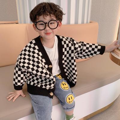 China Popular Newest Spring Anti-wrinkle Jacquard Plaid V-Neck Spring Boy Sweater Knitting Cardigan for sale